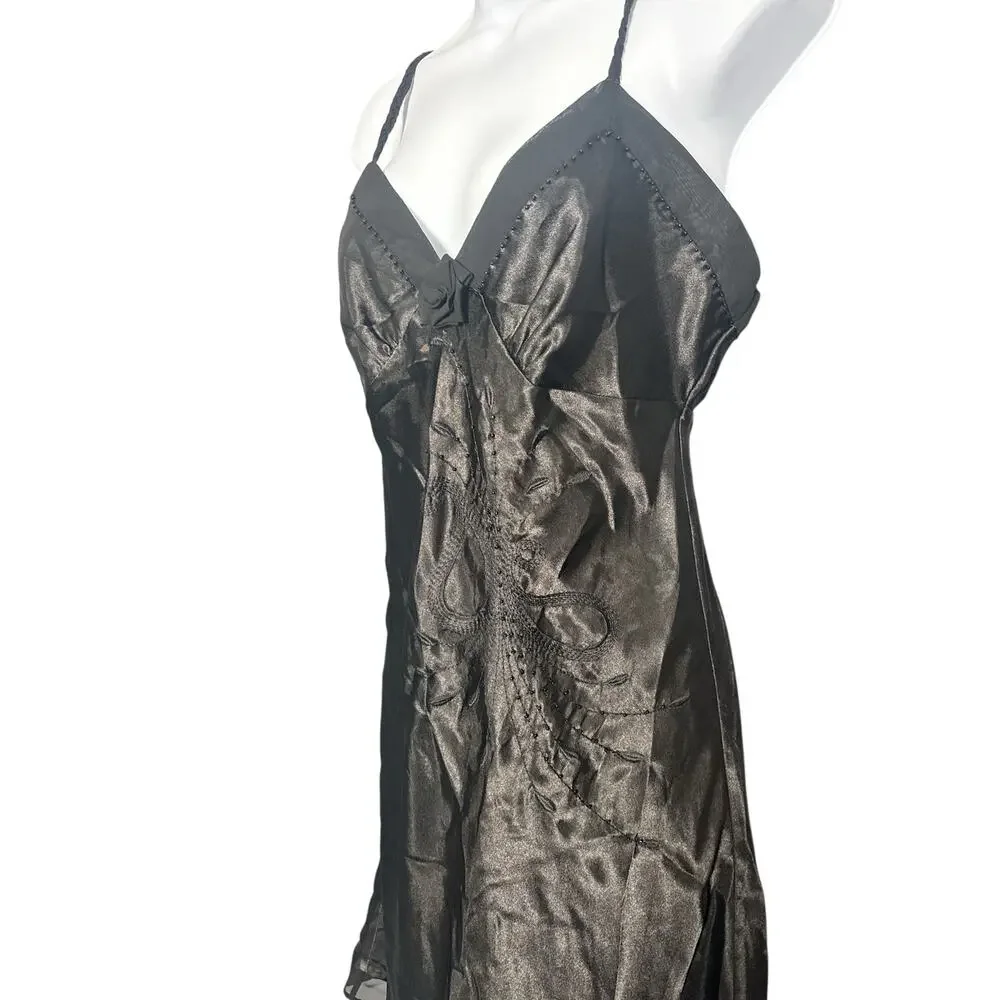 Vintage Madison Intimates Black Satin & Lace Beaded  Nightgown Slip‎ Dress Small